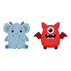 Baby monster elephant and one-eyed devil, design vector illustration