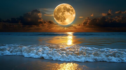 Full Moon Reflecting on Ocean Waves with Dramatic Night Sky