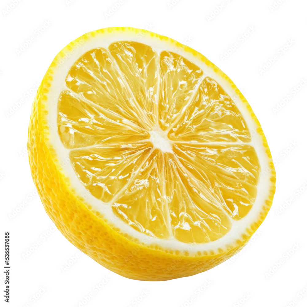 Poster fresh lemon slice with vibrant yellow color and juicy texture, perfect for culinary uses or refreshi