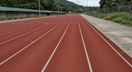 Running track lanes in outdoor stadium with trees and building in background.