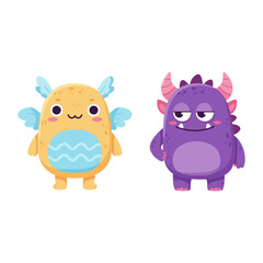 Cute pink baby monster cartoon character vector illustration set