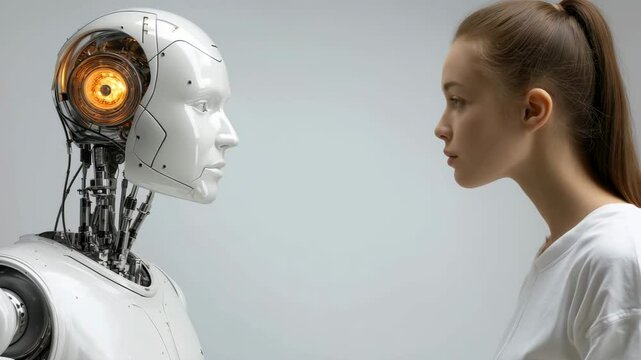 Human and robot engaged in intense faceoff in futuristic encounter
