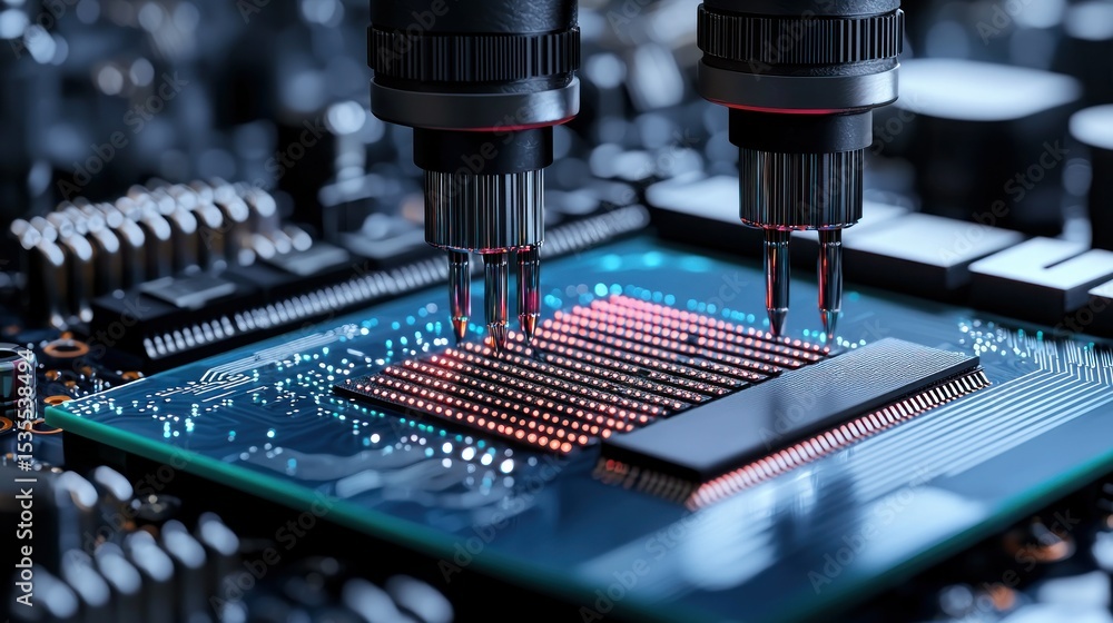 Poster close-up of robotic arms installing a cpu onto a circuit board. brightly lit components