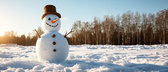 Obraz premium Snowman with a brown hat and orange nose standing in snowy landscape du sunset with trees in background