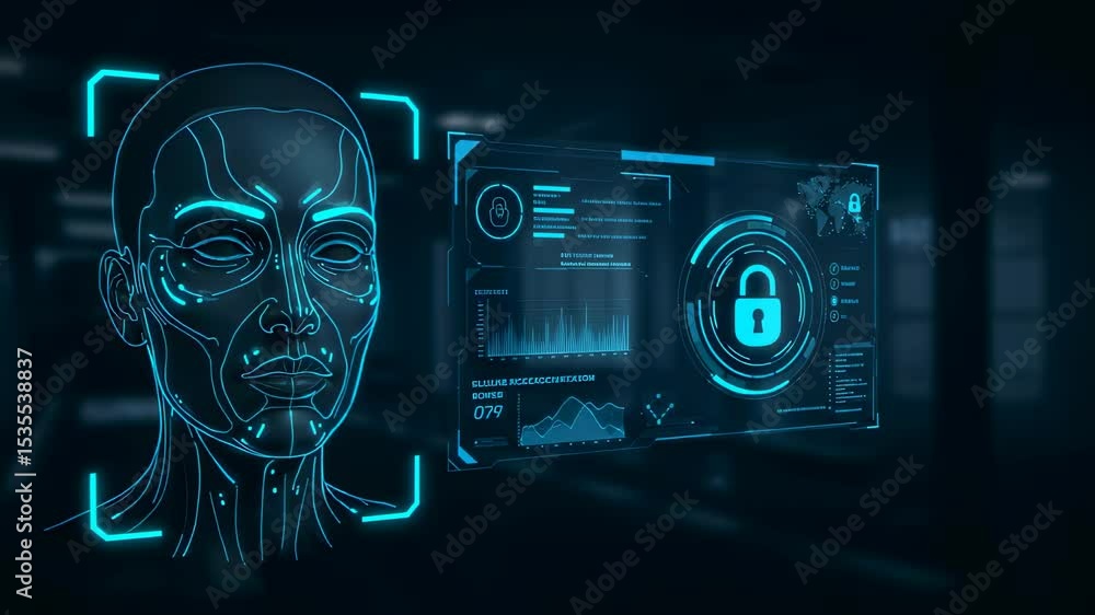 Poster digital face id scanner system used for biometric verification and facial recognition technology wit