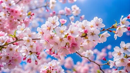 Fototapeta premium Pink and white cherry blossoms drift against a clear blue sky.