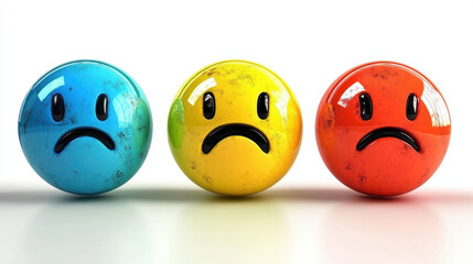 Trio of colorful sad face emoticons in blue yellow and red with distressed appearance and reflective surfaces on a plain white background