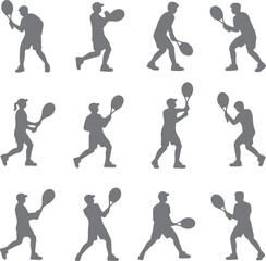 Twelve Grey Silhouettes of Tennis Players Dynamic Poses Rackets Action Sports Illustration