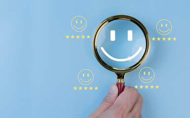 Businessmen use magnifying glass find faults and shortcomings of different businesses and services...