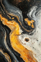 Naklejka premium Abstract fluid art painting featu swirling black, white, and gold colors with textured flowing patterns and cosmic-like splatters in a vibrant and dynamic design