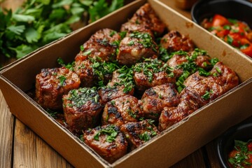 Delicious grilled pork meatballs garnished with fresh herbs, served in an eco-friendly takeaway box
