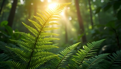  Fern in sunlit forest, natural green beauty