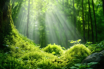 Fototapeta premium Lush green forest scene with sun rays streaming through tall trees illuminating moss and foliage in a peaceful natural environment