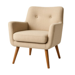 A tan chair with wooden legs and a brown cushion. The chair is sitting on a white background