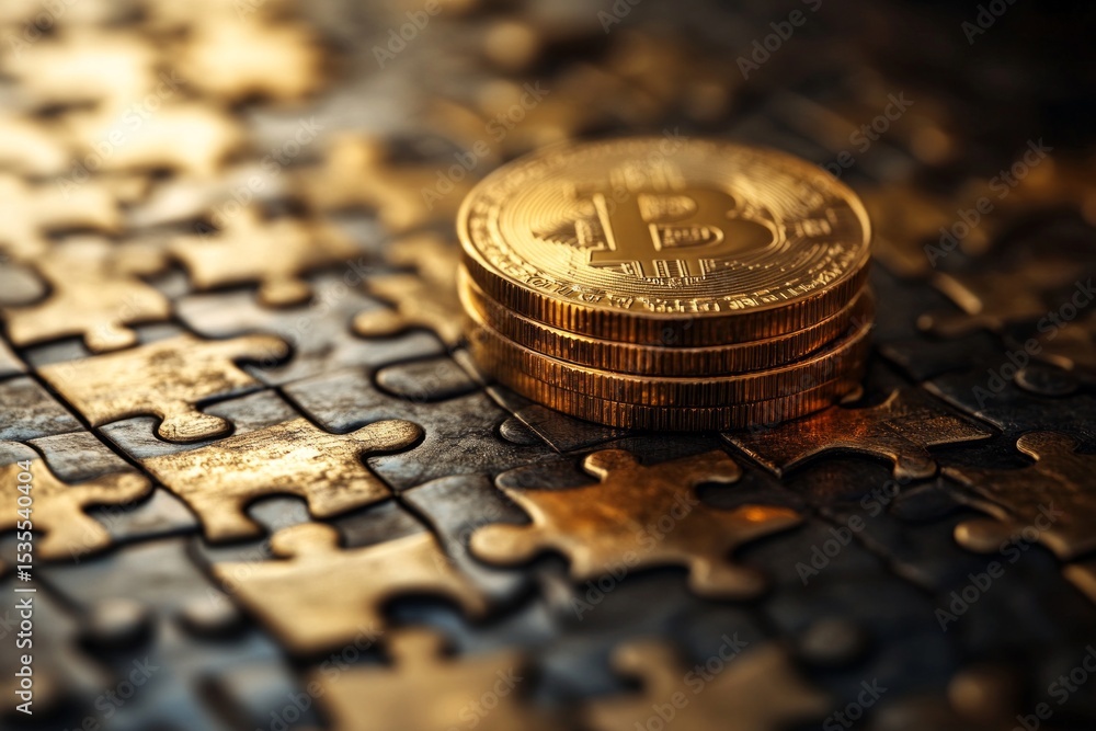 Poster gold bitcoin cryptocurrency coins stacked on puzzle pieces represent the complex challenge of solvin