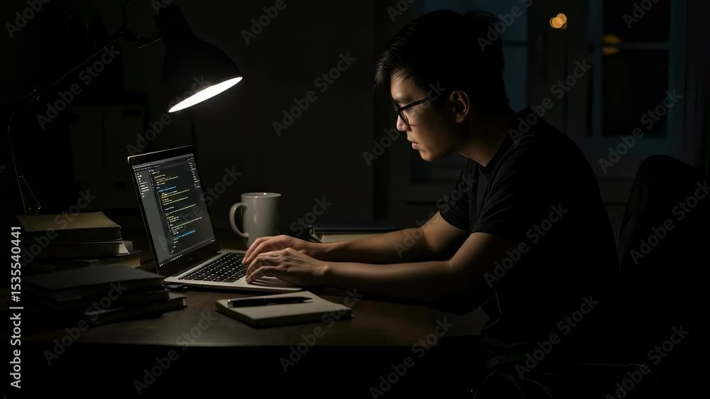Poster focused asian man developer coding on laptop at night. programmer working overtime in dark room. sof