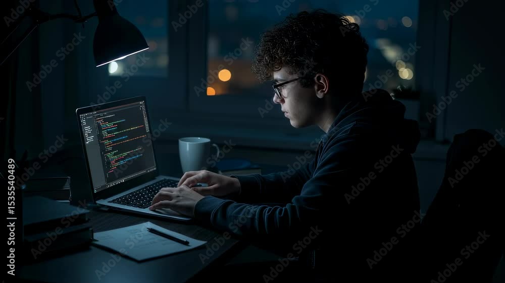 Poster young man coding on laptop. night study and remote work. program development, software engineer or s