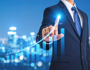 A man in a suit is pointing to a graph that shows a rising line. Concept of progress and growth, as the man's finger is on the upward arrow. The man's attire, including his suit and tie