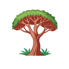African Savannah Tree Vector &ndash; Cartoon Style Baobab or Acacia Tree Illustration with Green Canopy