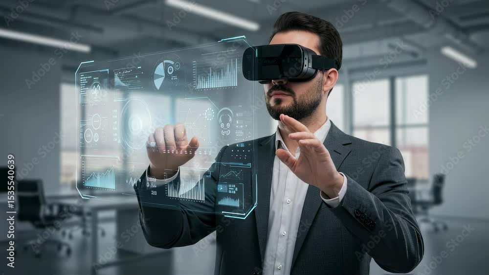 Poster man wearing virtual reality headset controls futuristic data interface in a modern office setup. met