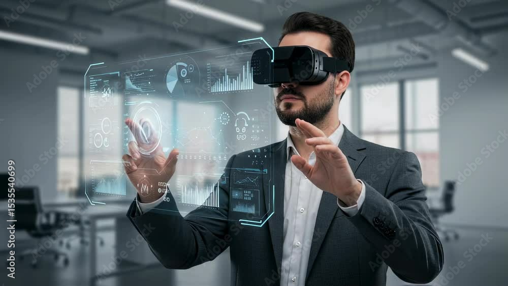 Poster man in vr headset interacting with virtual screen. businessman exploring metaverse technology, using