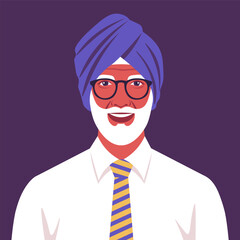 Portrait of a elderly Sikh man. The head of a grandfather with a white beard in a turban. Portrait of a businessman. Vector flat illustration