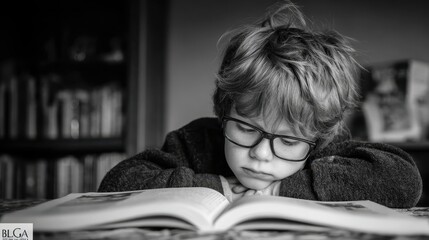 Black and white portrait showing young student wearing glasses, studying textbook while seated at library table, surrounded by bookshelves, concentrating intently on learning material