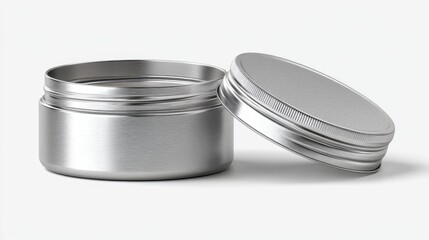 Metallic cosmetic jar revealing inner threading, positioned against pristine white backdrop, highlighting minimal packaging design for beauty product branding