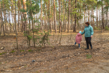 grandmother with granddaughter walking in nature in the forest