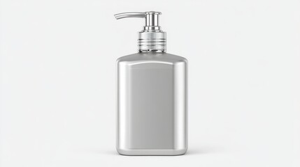 Silver plastic cosmetic bottle dispenser pump for shampoo, soap, lotion, cream, body oil on white background is standing vertically ready for use