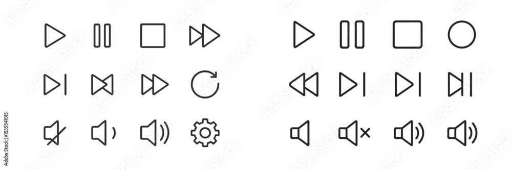 Poster icons representing various playback controls, sound settings, and media actions