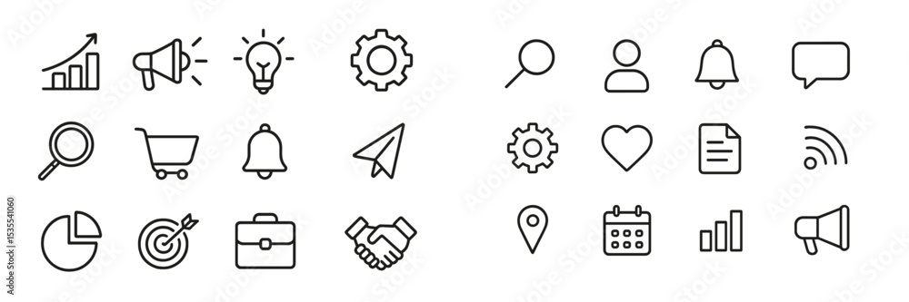 Poster collection of various icons representing business, communication, and technology concepts in a simpl
