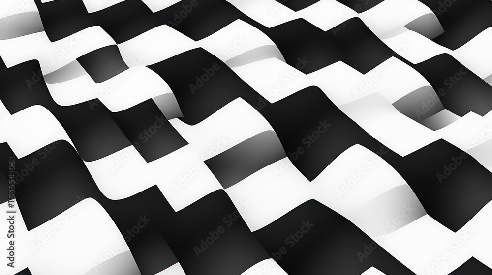 Poster dynamic black and white checkered pattern waving in the air, creating depth