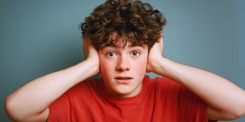 Teenage male blocking ears, expressing overwhelming stress and mental strain, standing against bright blue backdrop highlighting internal emotional struggle