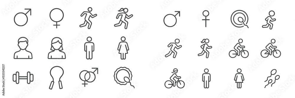 Aufkleber collection of simple line icons representing various gender symbols and physical activities across d