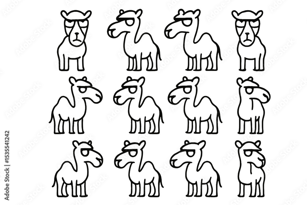 Poster Group of cartoon camels displaying various expressions and poses in a playful arrangement for a fun design concept