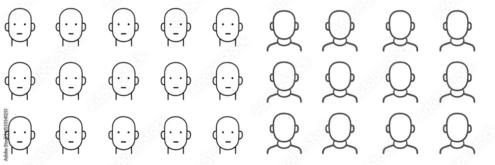 Poster collection of simple line drawings depicting human facial expressions in various orientations and an