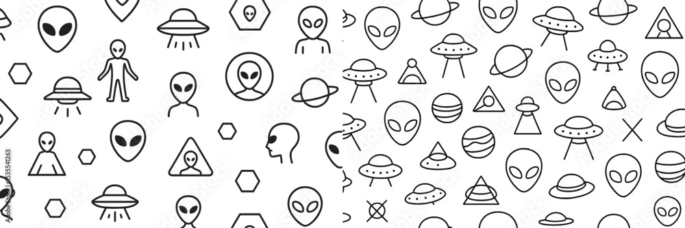 Poster Alien and UFO doodles showcase imagination and creativity with unique designs and patterns on a white background