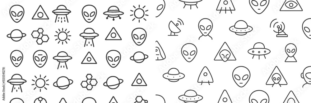 Poster creative black and white pattern featuring alien themes and spacecraft with various cartoonish desig