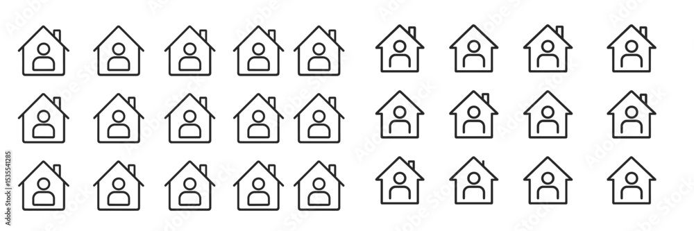 Poster multiple house icons with human figures, illustrating community and shelter concepts in a grid layou