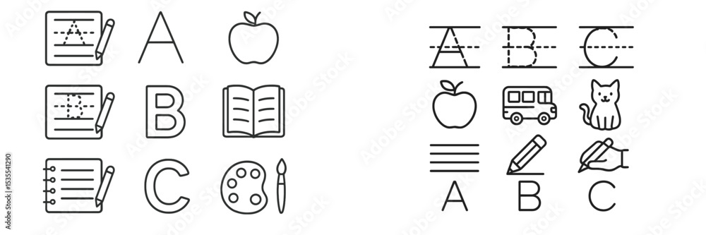 Poster Educational symbols and icons representing learning activities for children in a classroom setting