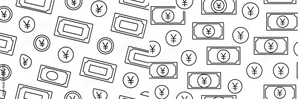 Poster pattern of currency notes and coins featuring yen symbols, designed for modern decor or textile proj