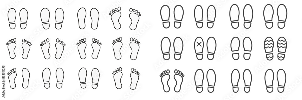 Poster Different types of footprints and shoe prints on a simple white background illustrating patterns and shapes