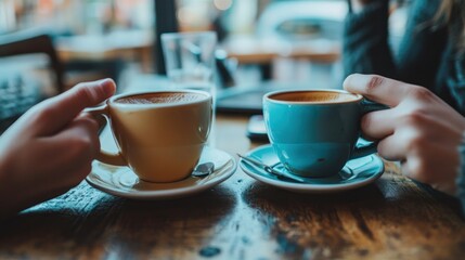 Close-up of two cups of coffee on a wooden table in a cafe setting