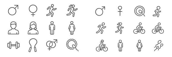 Collection of simple line icons representing various gender symbols and physical activities across different lifestyles