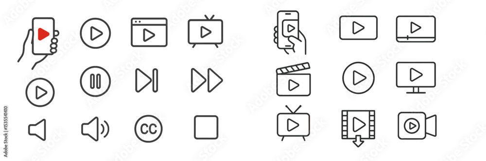 Poster Collection of simple media playback icons in various styles for digital interfaces and applications