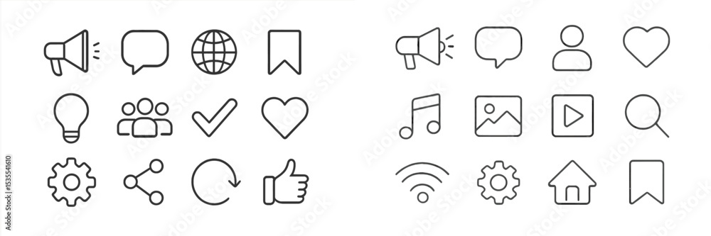 Poster collection of simple line icons representing communication, social interaction, and technology in a 
