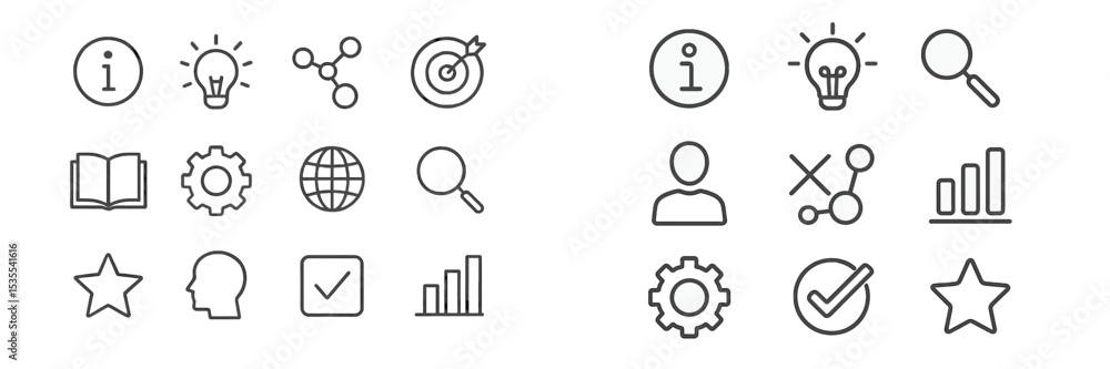 Poster Set of simple line icons illustrating various concepts such as information, creativity, analysis, and research in a modern design