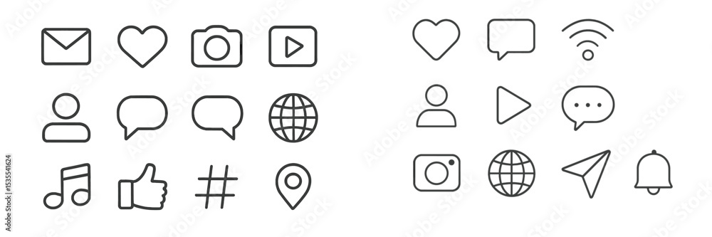 Poster Collection of simple line icons representing communication, social media, and connectivity in a minimalist style