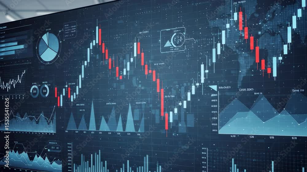 Poster financial stock market data visualization on a large screen displaying charts and graphs, for busine